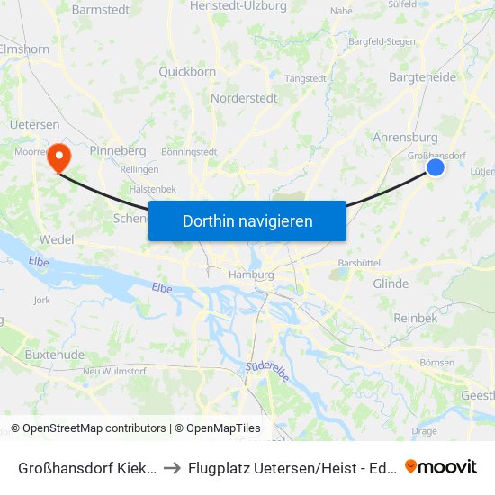 Großhansdorf Kiekut to Flugplatz Uetersen / Heist - Edhe map