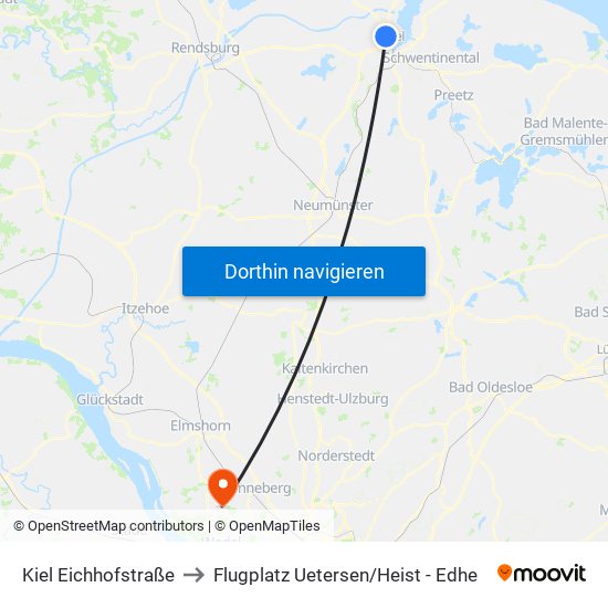 Kiel Eichhofstraße to Flugplatz Uetersen / Heist - Edhe map