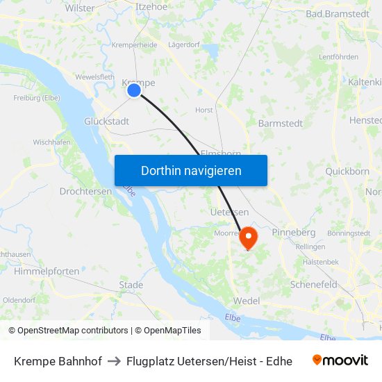 Krempe Bahnhof to Flugplatz Uetersen / Heist - Edhe map