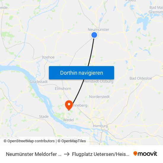 Neumünster Meldorfer Straße to Flugplatz Uetersen / Heist - Edhe map