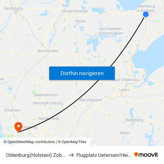 Oldenburg(Holstein) Zob/Bahnhof to Flugplatz Uetersen / Heist - Edhe map