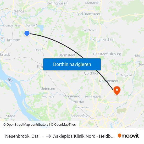 Neuenbrook, Ost 34 to Asklepios Klinik Nord - Heidberg map