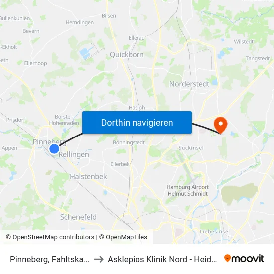 Pinneberg, Fahltskamp to Asklepios Klinik Nord - Heidberg map