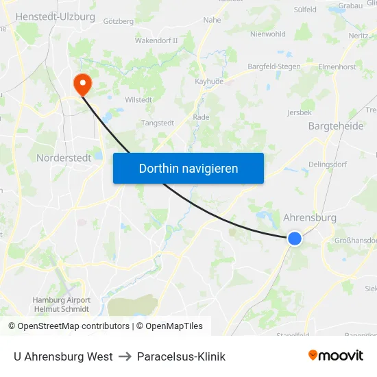 U Ahrensburg West to Paracelsus-Klinik map