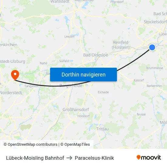 Lübeck-Moisling Bahnhof to Paracelsus-Klinik map