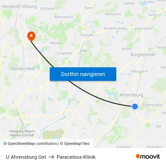 U Ahrensburg Ost to Paracelsus-Klinik map