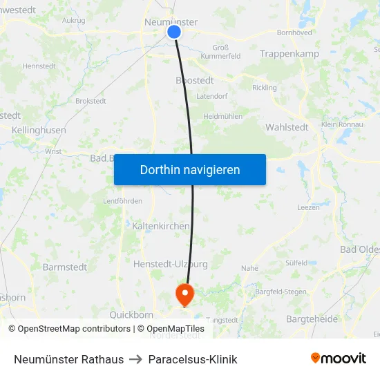 Neumünster Rathaus to Paracelsus-Klinik map