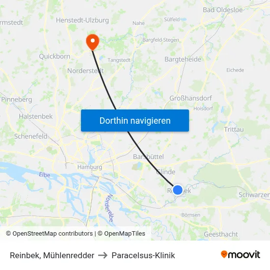 Reinbek, Mühlenredder to Paracelsus-Klinik map