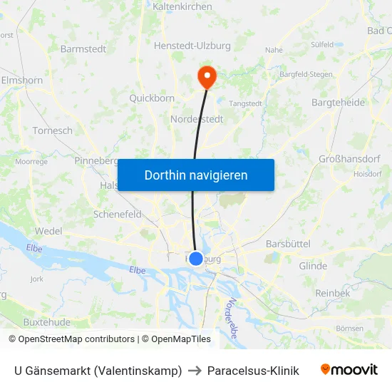U Gänsemarkt (Valentinskamp) to Paracelsus-Klinik map
