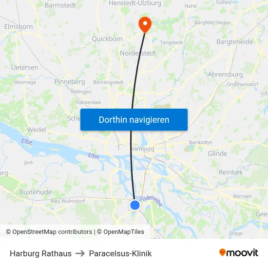 Harburg Rathaus to Paracelsus-Klinik map