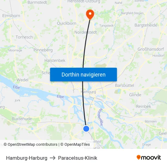 Hamburg-Harburg to Paracelsus-Klinik map