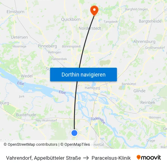 Vahrendorf, Appelbütteler Straße to Paracelsus-Klinik map