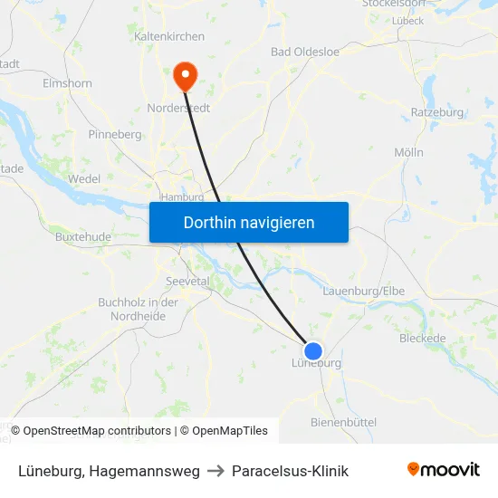 Lüneburg, Hagemannsweg to Paracelsus-Klinik map