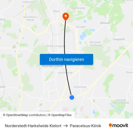 Norderstedt-Harksheide Kielort to Paracelsus-Klinik map