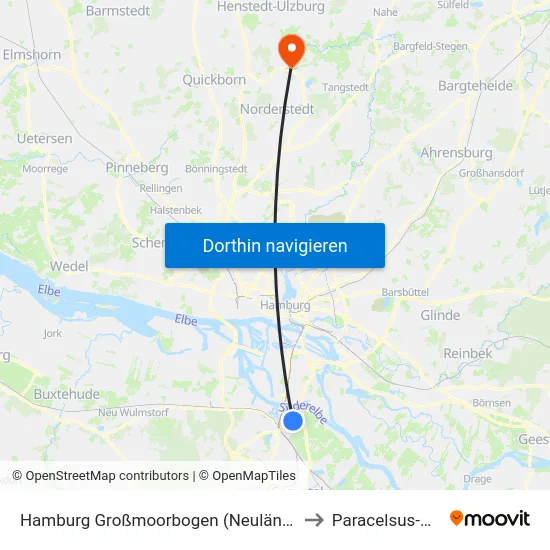Hamburg Großmoorbogen (Neuländer See) to Paracelsus-Klinik map