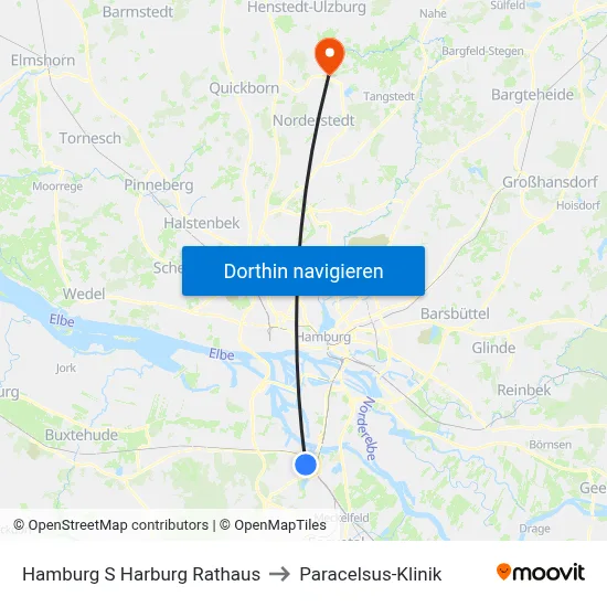 Hamburg S Harburg Rathaus to Paracelsus-Klinik map