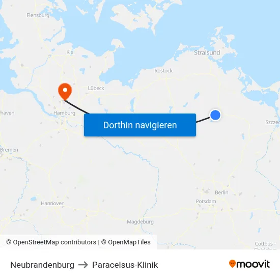 Neubrandenburg to Paracelsus-Klinik map
