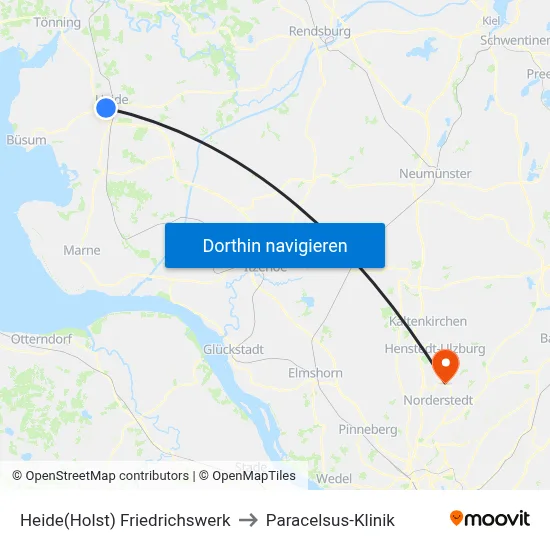 Heide(Holst) Friedrichswerk to Paracelsus-Klinik map