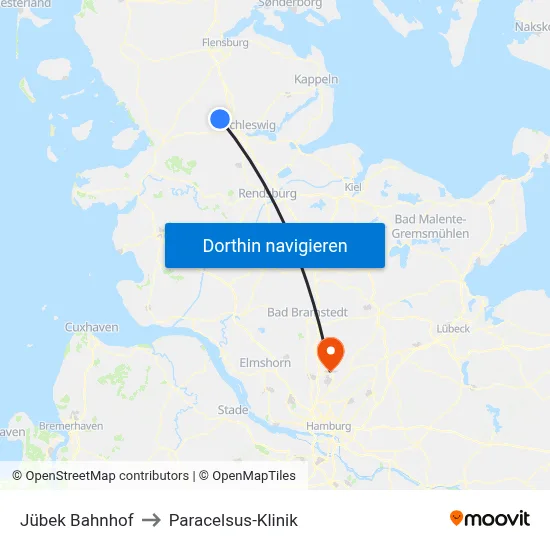 Jübek Bahnhof to Paracelsus-Klinik map