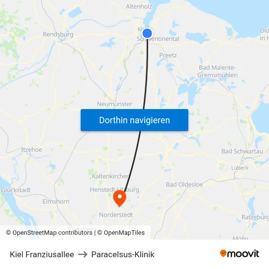 Kiel Franziusallee to Paracelsus-Klinik map