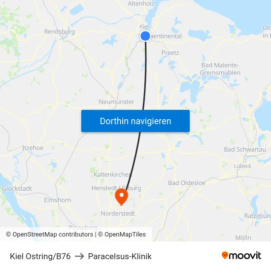 Kiel Ostring/B76 to Paracelsus-Klinik map
