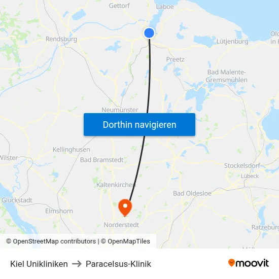 Kiel Unikliniken to Paracelsus-Klinik map