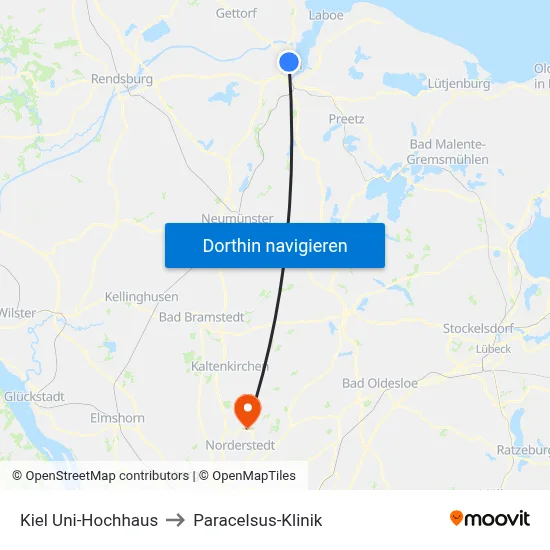 Kiel Uni-Hochhaus to Paracelsus-Klinik map
