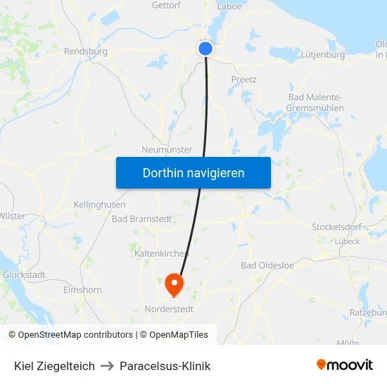 Kiel Ziegelteich to Paracelsus-Klinik map