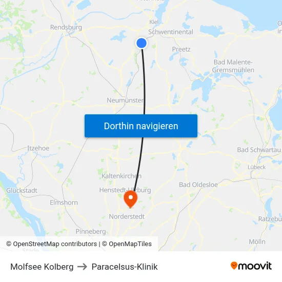 Molfsee Kolberg to Paracelsus-Klinik map