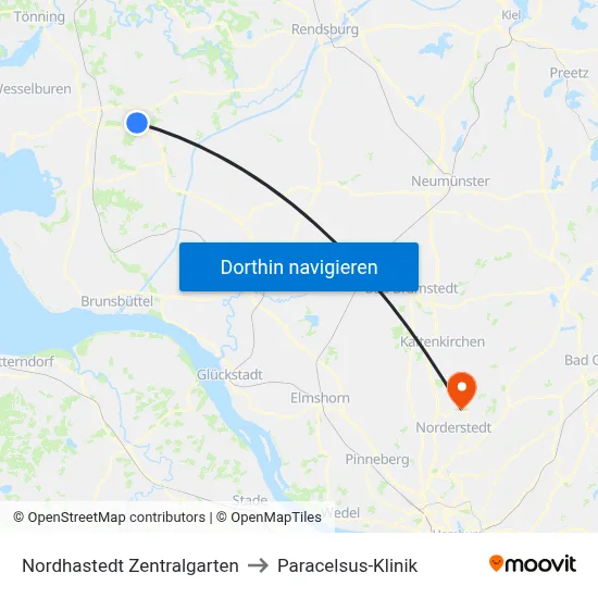 Nordhastedt Zentralgarten to Paracelsus-Klinik map