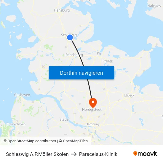 Schleswig A.P.Möller Skolen to Paracelsus-Klinik map