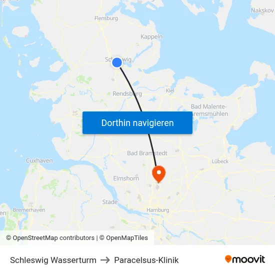 Schleswig Wasserturm to Paracelsus-Klinik map