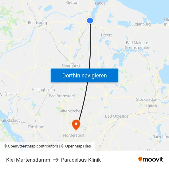 Kiel Martensdamm to Paracelsus-Klinik map