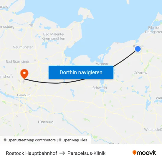 Rostock Hauptbahnhof to Paracelsus-Klinik map
