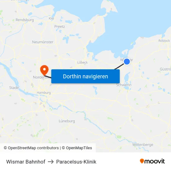 Wismar Bahnhof to Paracelsus-Klinik map