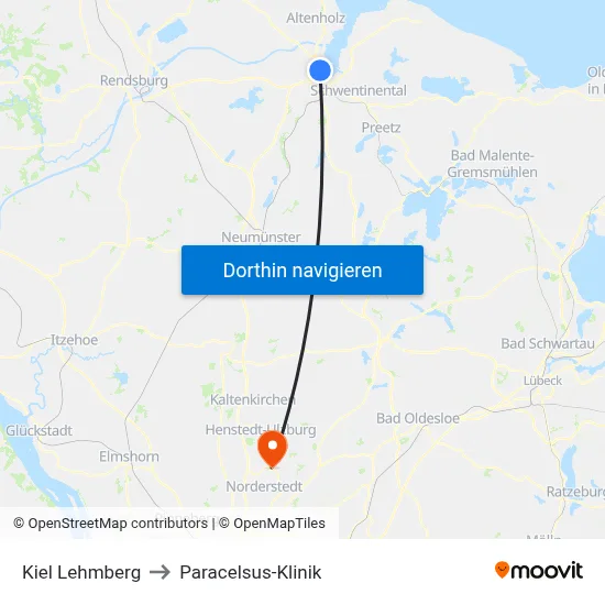 Kiel Lehmberg to Paracelsus-Klinik map
