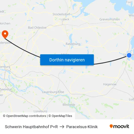 Schwerin Hauptbahnhof P+R to Paracelsus-Klinik map