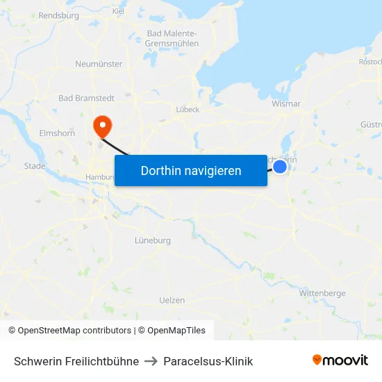 Schwerin Freilichtbühne to Paracelsus-Klinik map