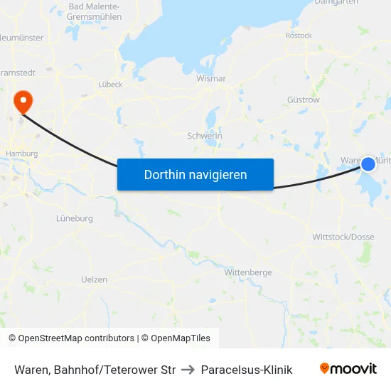 Waren, Bahnhof/Teterower Str to Paracelsus-Klinik map