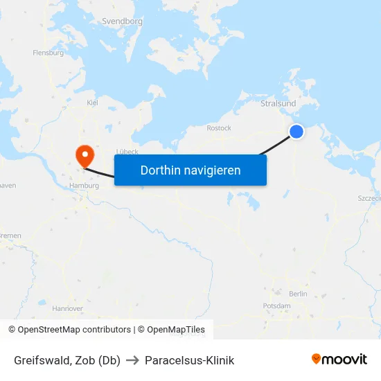 Greifswald, Zob (Db) to Paracelsus-Klinik map