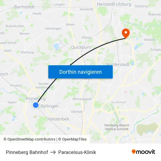 Pinneberg Bahnhof to Paracelsus-Klinik map