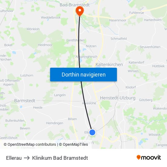 Ellerau to Klinikum Bad Bramstedt map