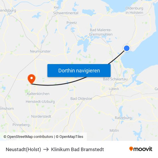 Neustadt(Holst) to Klinikum Bad Bramstedt map