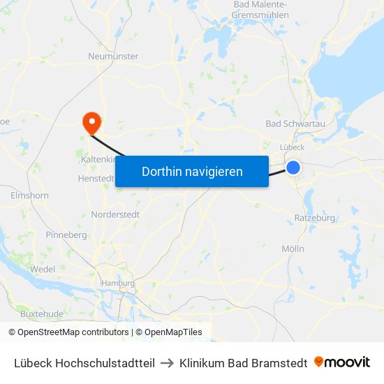 Lübeck Hochschulstadtteil to Klinikum Bad Bramstedt map