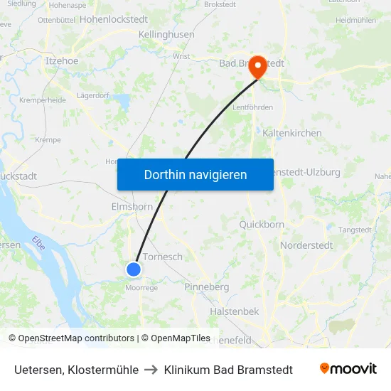 Uetersen, Klostermühle to Klinikum Bad Bramstedt map