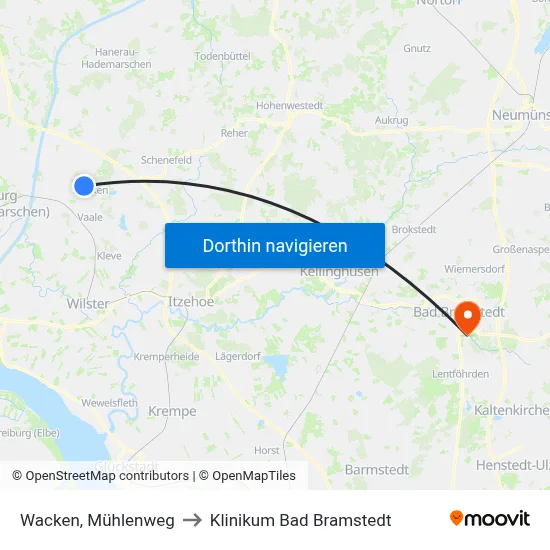 Wacken, Mühlenweg to Klinikum Bad Bramstedt map
