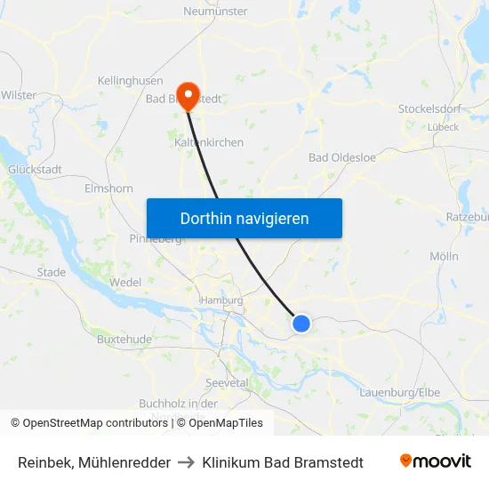 Reinbek, Mühlenredder to Klinikum Bad Bramstedt map