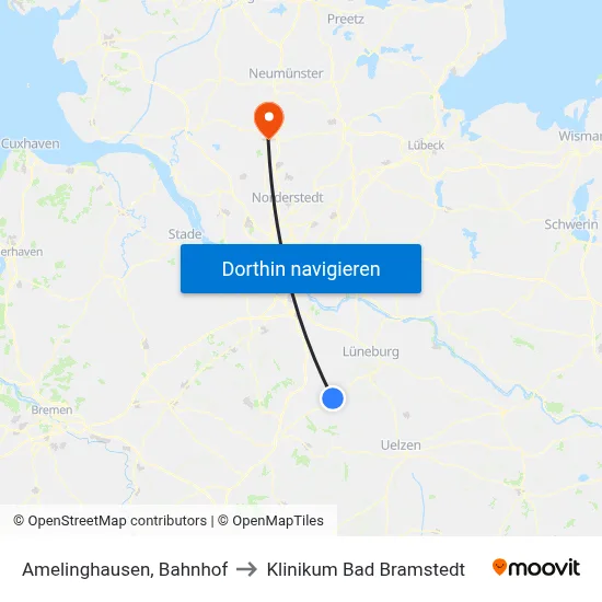 Amelinghausen, Bahnhof to Klinikum Bad Bramstedt map