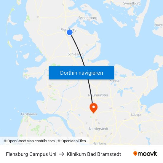 Flensburg Campus Uni to Klinikum Bad Bramstedt map