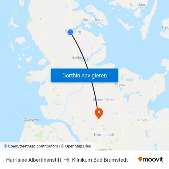 Harrislee Albertinenstift to Klinikum Bad Bramstedt map